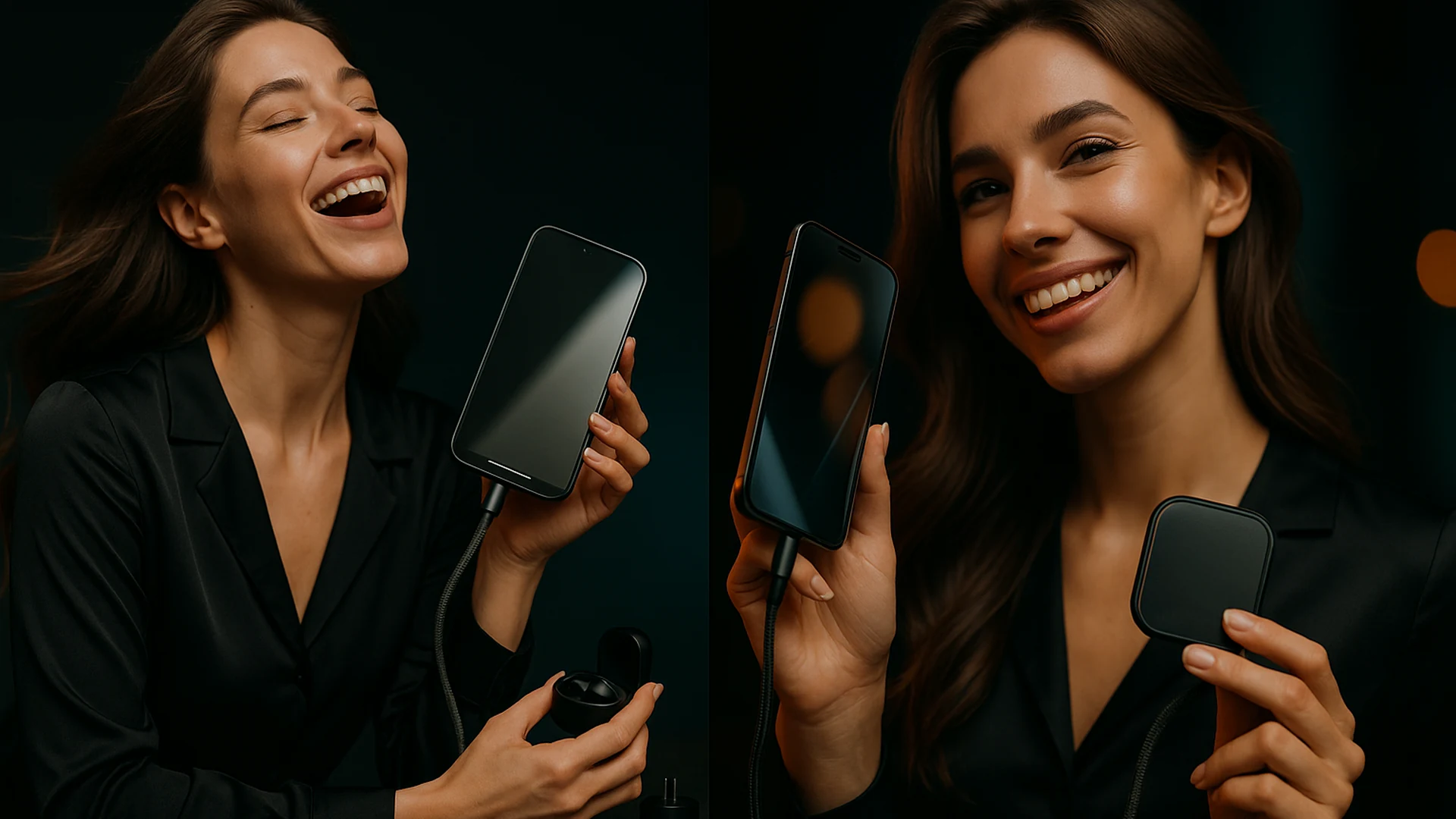 Шикарная девушка с телефоном и аксессуарами: кабели HOCO, зарядные устройства и защитные стёкла SuperGlass